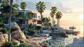 Seaside Serenity: of House, Palm Trees, and Sky, house, sea, palm tree, sky HD wallpaper