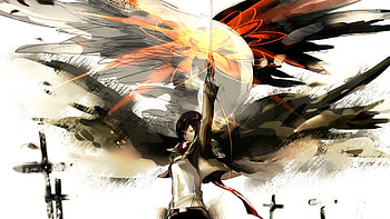Mikasa Ackerman, sexy, cemetery, sword, art, anime girl, artwork, Attack on titan, anime, drawing, weapon, face, cool, short hair, fire, female HD wallpaper