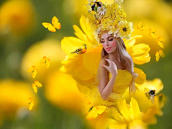 Delicate Yellow, bumble bees, colorful, vibrant, bird, girl, butterflies, vivid, green, yellow, bright, bold, headdress, flowers HD wallpaper