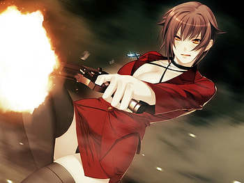 Rebecca, carnevale della luce della luna, pistol, thigh highs, orange eyes, necklace, girl, anime girl, anime, weapon, short hair, brown hair, gun, short skirt, stockings, female HD wallpaper