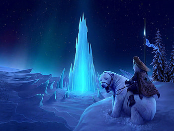 Viking warrior, night, blue, colorful, colors, icebear, viking, bear, magical, warrior, magic, flag, blue light, fantasy, light, nordlight, lovely, splendor, ice HD wallpaper