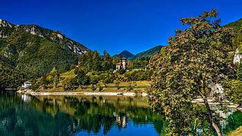 Massaciuccoli Lake, Torre del Lago, Tuscany, water, reflections, landscape, trees, sky, italy, village HD wallpaper