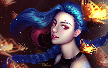 Jinx, frumusete, fantasy, face, girl, luminos, nekocuong, blue, amethyst eyes, pink HD wallpaper