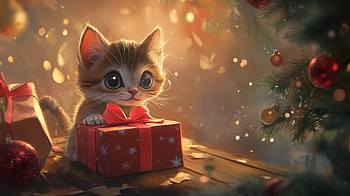 Cute Christmas Cat with Gift - Ultra, cute christmas, cute cat, kitten, Christmas HD wallpaper