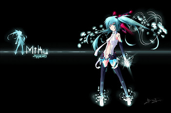 hatsune miku, barefoot, black background, twintails, aqua eyes, vocaloid HD wallpaper