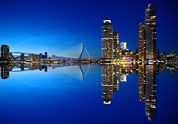 Building, Rotterdam, Netherlands, Reflection, , Bridge, City, Erasmus Bridge, Night, Skyscraper, Water, Cities HD wallpaper
