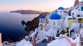 Three Blue Domes of Santorini, greece, sea, blue, white, graphy, vacation, famous, , domes, santorini HD wallpaper