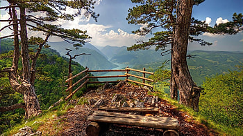 Mountains, landscape, river, forest HD wallpaper