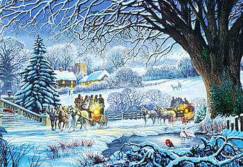 Winter Coaches, artwork, winter, horses, painting, snow, trees, road, cabin HD wallpaper