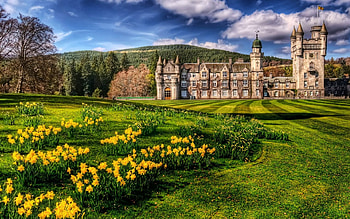 castle balmoral r, clouds, r, flowers, grass, castle, forest HD wallpaper