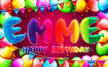 Happy Birtay Emme, , colorful balloon frame, Emme name, purple background, Emme Happy Birtay, Emme Birtay, popular german female names, Birtay concept, Emme HD wallpaper