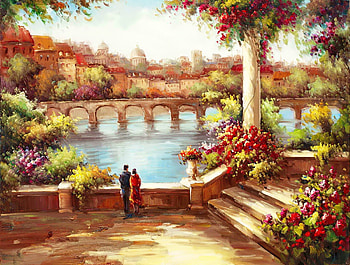 Romance in Italy, art, town, beautiful, Italy, romance, spring, houses, lake, painting, love, couple, bridge, passion, romantic HD wallpaper
