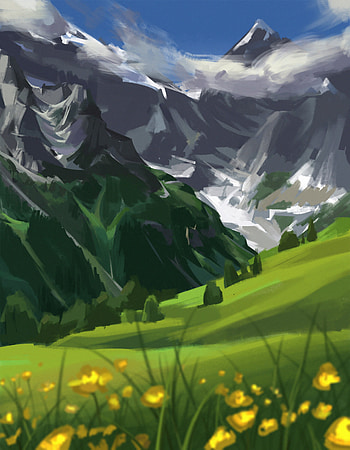 Landscape, Flowers, Trees, Art, Mountains HD phone wallpaper