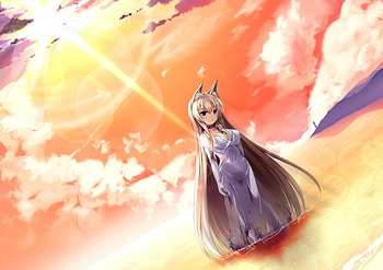 Sunset, blonde, cute, kitsune neko, neko girl, long hair, dress, blue eyes, wife, gloves, wedding, animal ears, anime, light, sin, clouds, sky, bride HD wallpaper