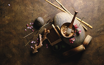 Miscellanea, Miscellaneous, Petals, Bamboo, Sticks, Pestle, Mortar, Root HD wallpaper