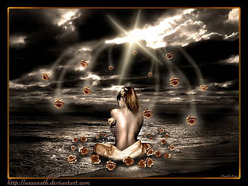 waiting for you, sea, lonly, animated, roses, alone, gold, beauty, dark, sky, water, ocean HD wallpaper
