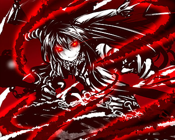 Ibuki Suika, horns, red eyes, girl, black hair, long hair, chain, claws, touhou, female HD wallpaper