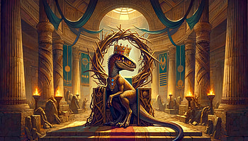 King Velociraptor On His Throne, dinosaur, velociraptor, throne, king, fantasy HD wallpaper