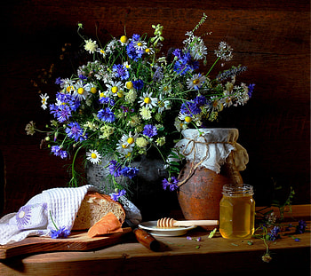 Still life, Flowers, Bread, Honey, Cornflowers HD wallpaper