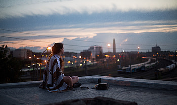 Rooftop, Woman wearing, White and black top, Cloudy sky HD wallpaper