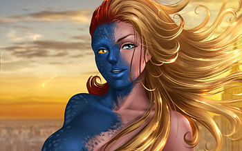Mystique, blue, golden, raven darkholme, art, woman, fantasy, yellow, game, luminos, marvel HD wallpaper
