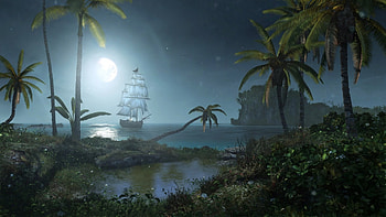 Moonlight, night, blue, sea, ship, palm, assassins creed, tree, moon, fantasy, game, luna, luminos HD wallpaper