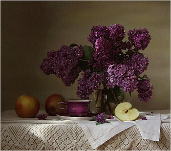 still life, bouquet, graphy, tea, lace, nice, flower, coffee, glass, fruit, , elegantly, beautiful, purple, old, cool, apple, flowers, harmony, drink, lilac HD wallpaper