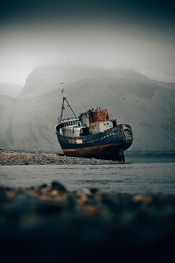 Shore, Bank, Miscellanea, Miscellaneous, Fog, Stranded, Shallow, Ship, Abandoned HD phone wallpaper