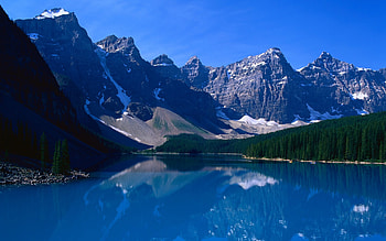Lake Reflections, blue, natural, skies, alpine, slides, beaches, gravel, beauty, rock, snow, mpuntains, water, forest HD wallpaper