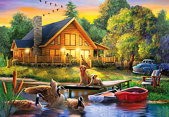 Guardians Of The Lake, artwork, boat, birds, car, trees, dogs, pier, cottage, painting HD wallpaper