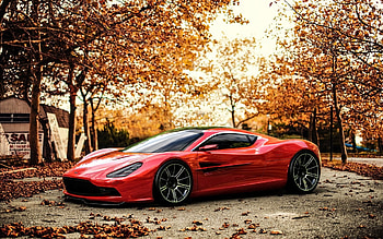 bright red aston martin in autumn, leaves, car, red, street, trees, autumn HD wallpaper