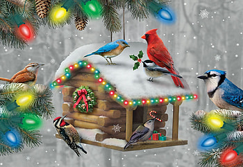 Festive Feathered Friends, birds, snow, birdhouse, winter, decoration, christmas HD wallpaper
