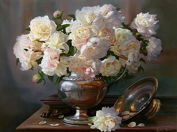 Still life, zbigniew kopania, bujor, painting, art, flower, pictura, peony HD wallpaper