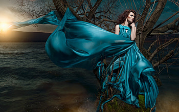 Gone with the wind, blue, sea, femeie, model, graphy, girl, Daniel Ilinca, dress, dark, tree, woman, water, sunset HD wallpaper