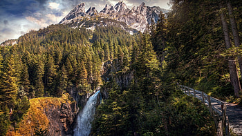Glacier Canyon, Tattenhall, Switzerland, trail, trees, clouds, waterfall, sky, rocks, mountains, alps HD wallpaper
