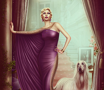Lady with dog, dog, animal, blonde, dress, caien, retro, pink, creative, fantasy, vitage, maksim larionov, luminos HD wallpaper