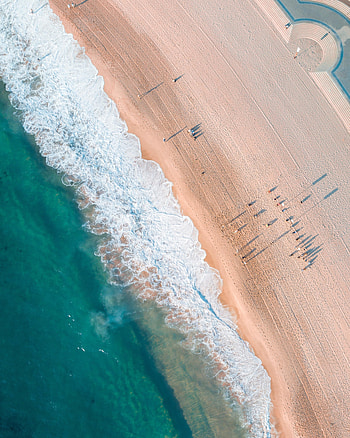 Aerial view, white, sea waves, green water, beach HD phone wallpaper