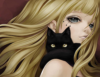 Mysterious Girl, black cat, blonde, long hair, anime girl, cute girl, anime, fantasy, pretty, fantasy girl, cat eyes, original, tagme, female HD wallpaper