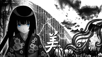 Le-vent-nous-portera, japanese clothes, kimono, black, cute, long hair, message, female, sexy, japanese, white, japan, hot, chinese, blue eye, girl, anime girl, word, anime, monochrome, traditional clothes HD wallpaper