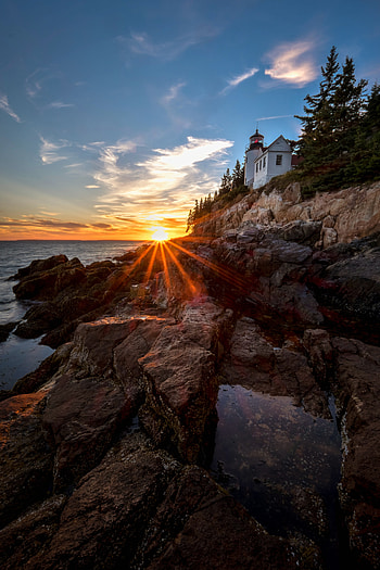 Nature, Sea, Building, Rocks, Beams, Rays, Lighthouse HD phone wallpaper