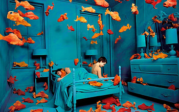 Obsessions, blue, room, bed, situation, orange, Sandy Skoglund, creative, boy, funny, fish, dream, child, sleep HD wallpaper