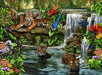 Tigers, animal, tiger, bath, summer, fantasy, tigru, jungle, luminos, water HD wallpaper