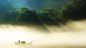 Fisherman On The Misty Lake, fisherman, lake, nature, fog, boat HD wallpaper