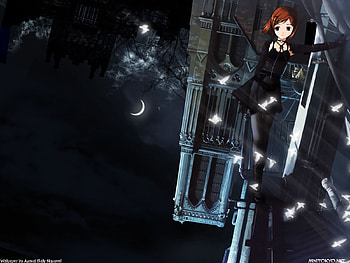World Upside Down, city, anime girl, black dress, cute girl, anime, moon, fantasy, anime school girl, original, short hair, tagme, lolita HD wallpaper
