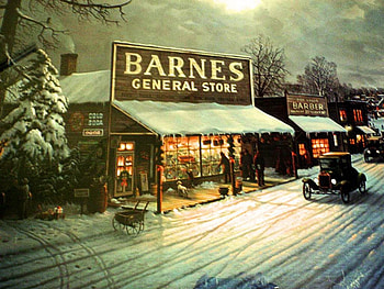 Barnes General Store, winter, artwork, snow, christmas, cars, vintage, xmas HD wallpaper
