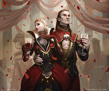 Wedding festivity, couple, girl, vampire, art, man, halloween, fantasy, wedding, red, caroline gariba, luminos HD wallpaper
