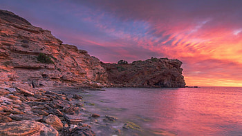 Fire in the Sky, Tlemcen Algeria, sea, sunise, coast, landscape, colors, clouds, sky, rocks HD wallpaper
