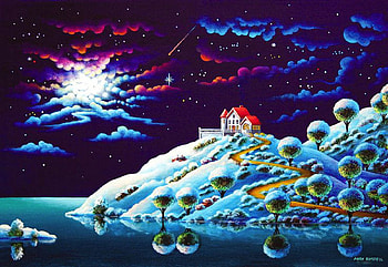 silent night, artwork, winter, painting, snow, house, trees, water, reflections HD wallpaper