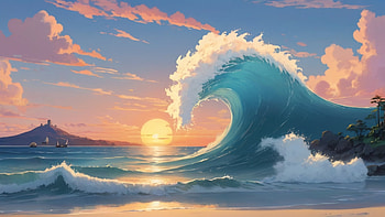 Sunset Drawing, sunset, wave, sea, ocean, sky, Ocean Waves HD wallpaper