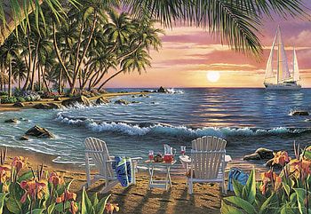 Summertime at the Beach, artwork, sea, palms, chairs, waves, painting, flowers, sunset HD wallpaper